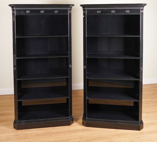 RALPH LAUREN; A PAIR OF BROOK STREET BLACK LACQUER FLOOR STANDING OPEN BOOKCASES (2)