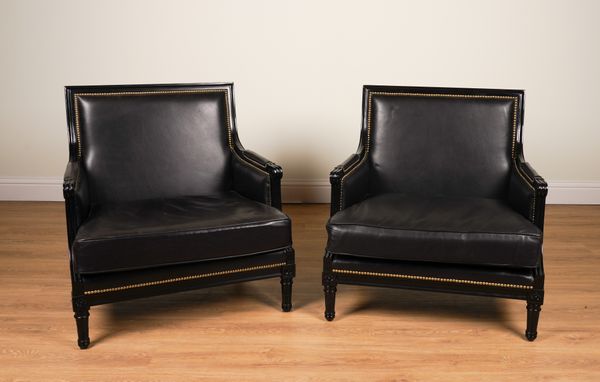 RALPH LAUREN; A PAIR OF DUCHESS SALON STUDDED BLACK LEATHER UPHOLSTERED EBONISED SQUARE BACK ARMCHAIRS (2)