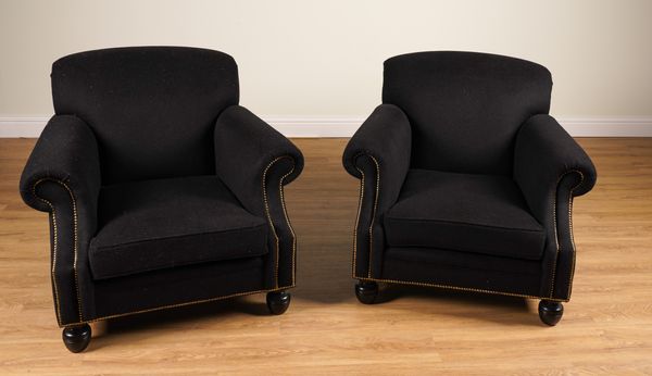 RALPH LAUREN; A PAIR OF BROOK STREET BRASS STUDDED BLACK BRUSHED WOOL UPHOLSTERED EASY ARMCHAIRS (2)