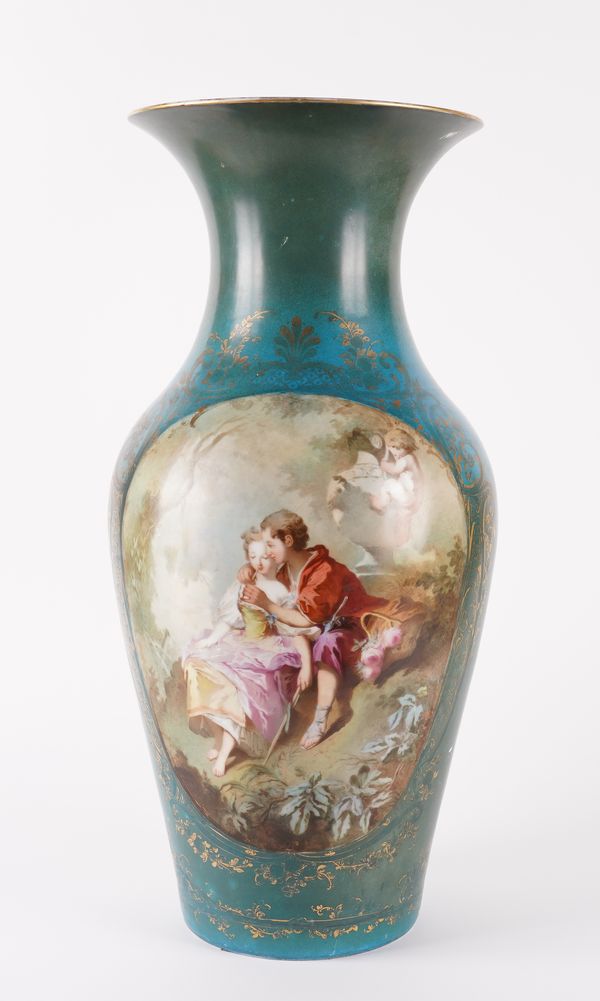 A LARGE FRENCH PORCELAIN TURQUOISE GROUND VASE