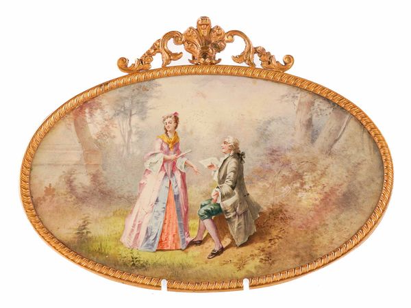 A SEVRES STYLE GILT-METAL MOUNTED OVAL PLAQUE