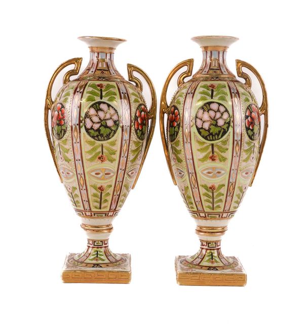 A PAIR OF NORITAKE TWO-HANDLED VASES (2)