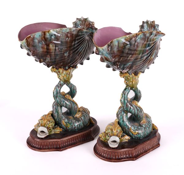 A PAIR OF WEDGWOOD MAJOLICA DOUBLE DOLPHIN COMPORTS (2)