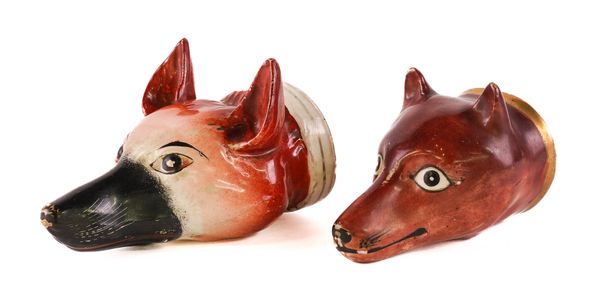 TWO STAFFORDSHIRE FOX HEAD STIRRUP CUPS (2)