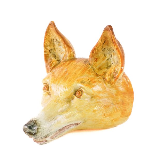 A LARGE STAFFORDSHIRE EARTHENWARE FOX HEAD STIRRUP  CUP