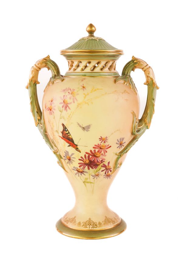 A ROYAL WORCESTER TWO-HANDLED BLUSH IVORY POT POURRI VASE AND COVER (2)