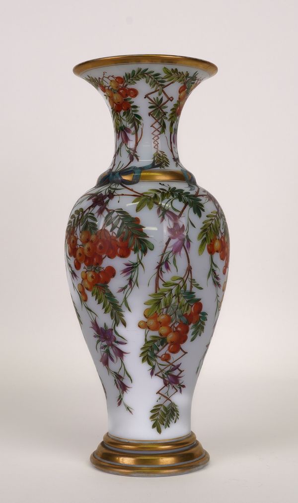 A FRENCH ENAMELLED WHITE OPALINE GLASS BALUSTER VASE