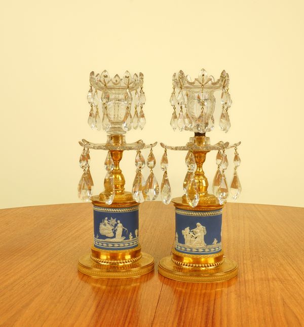 A PAIR OF CUT GLASS, GILT-METAL AND BLUE JASPER CANDLESTICKS (2)