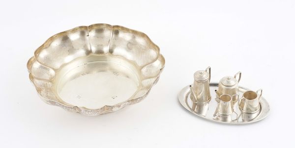 A SILVER MINIATURE TEA SET AND A SILVER BOWL (6)