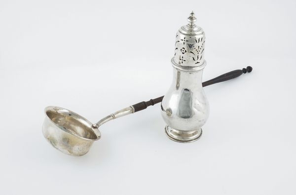 A SILVER SUGAR CASTER AND A PUNCH LADLE (2)