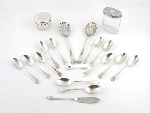 A GROUP OF SILVER FLATWARE AND TWO SILVER LIDDED GLASS JARS