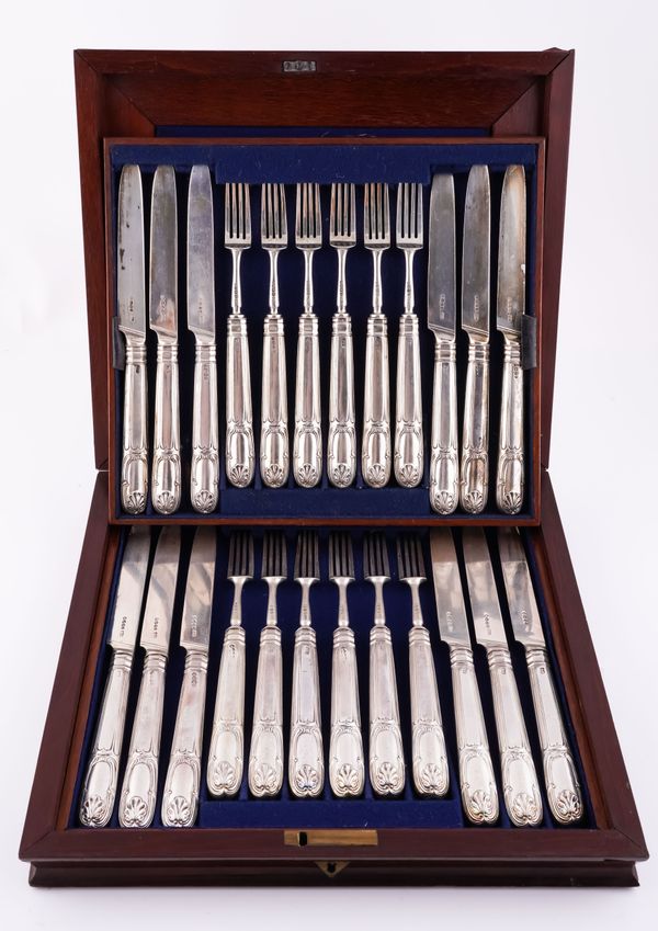 A SET OF TWELVE SILVER PAIRS OF DESSERT KNIVES AND FORKS