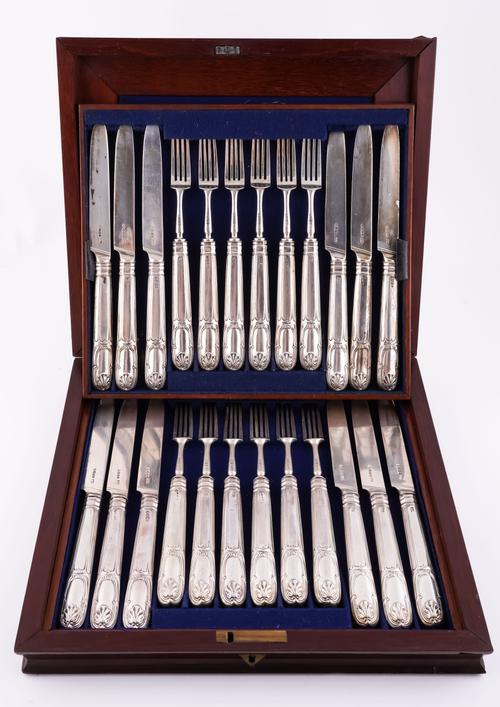 A SET OF TWELVE SILVER PAIRS OF DESSERT KNIVES AND FORKS