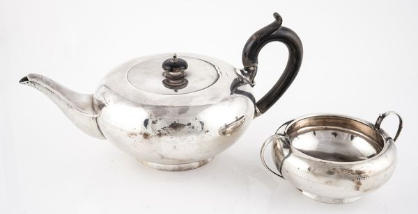 A SILVER TEAPOT AND A SIMILAR TWIN HANDLED SUGAR BOWL (2)