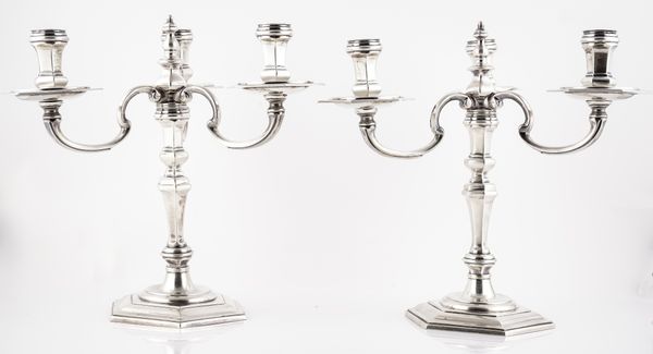 A PAIR OF SILVER THREE LIGHT CANDELABRA