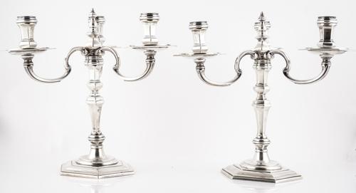 A PAIR OF SILVER THREE LIGHT CANDELABRA