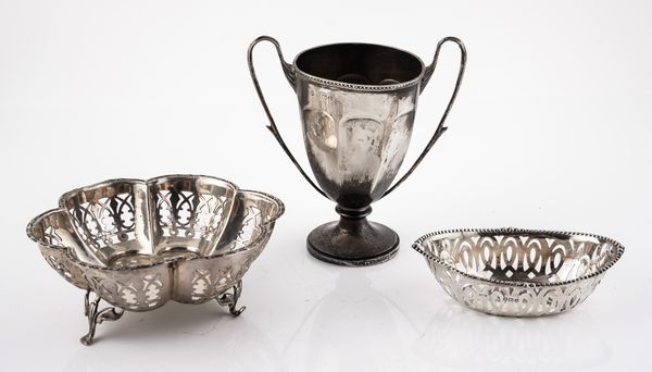 TWO SILVER BONBON DISHES AND A SILVER TROPHY CUP (3)