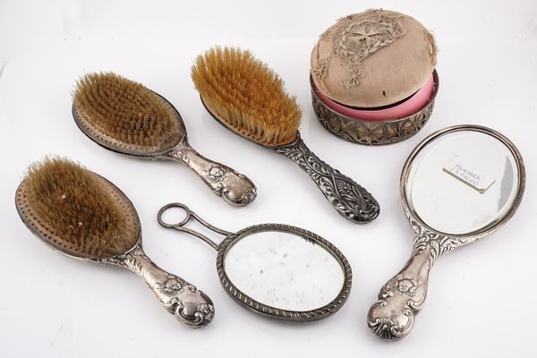 A GROUP OF SIX SILVER MOUNTED DRESSING TABLE ITEMS (6)