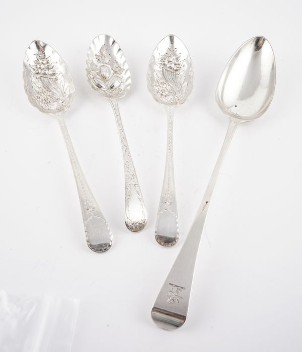 A SILVER STUFFING SPOON AND THREE SILVER SERVING SPOONS (4)