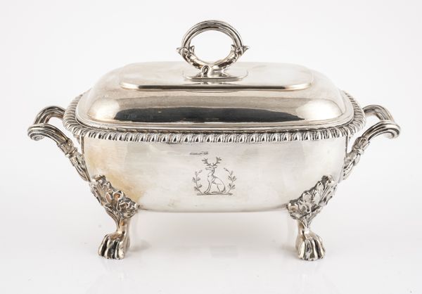 A GEORGE III SILVER TWIN HANDLED LIDDED SAUCE TUREEN