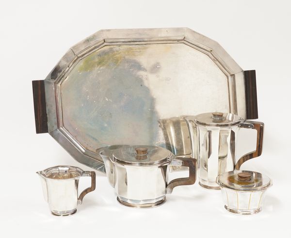 A PLATED FOUR PIECE TEA AND COFFEE SET AND TRAY (5)