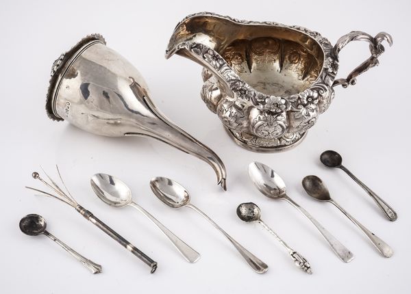 A GEORGE IV SILVER WINE FUNNEL AND NINE FURTHER ITEMS (10)