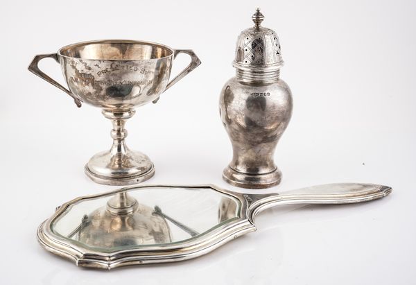 A SILVER SUGAR CASTER AND TWO FURTHER ITEMS (3)