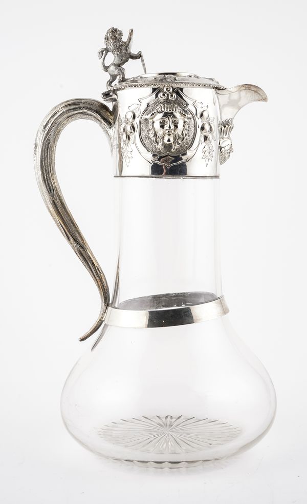 A COMPOSITE SILVER MOUNTED GLASS CLARET JUG