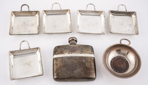 A VICTORIAN SILVER RECTANGULAR SPIRIT FLASK AND SIX FURTHER ITEMS (7)