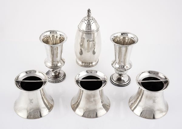 A SILVER SUGAR CASTER, A PAIR OF SILVER VASES AND THREE INDIAN ASHTRAYS (6)