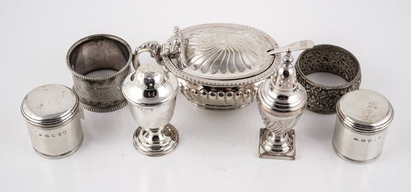 TWO GEORGE III SILVER CYLINDRICAL BOXES AND COVERS AND SIX FURTHER ITEMS (8)