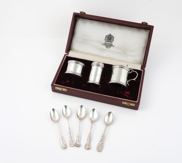 A SILVER THREE PIECE CONDIMENT SET AND FURTHER ITEMS (21)