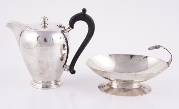 A SILVER DISH AND A SILVER HOT WATER JUG (2)