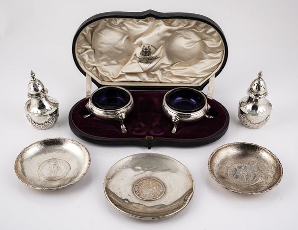 A PAIR OF LATE GEORGE II SILVER SALTS AND FIVE FURTHER ITEMS (7)