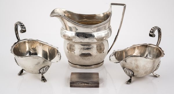 A GEORGE III SILVER CREAM JUG AND THREE FURTHER ITEMS (4)