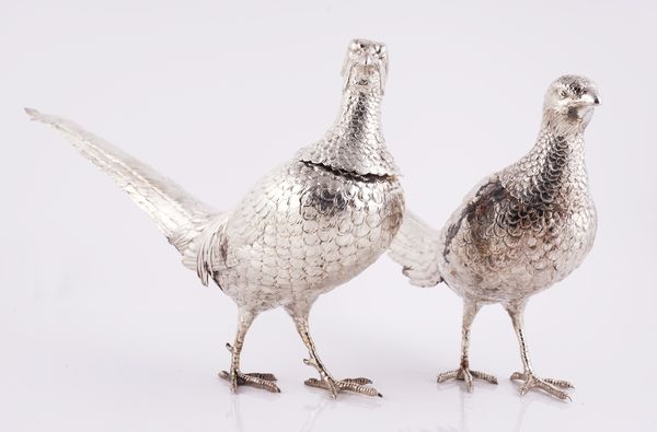 A PAIR OF SILVER MODELS OF A COCK AND A HEN PHEASANT (2)