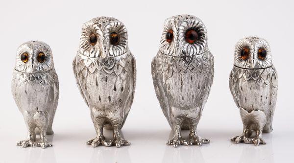 FOUR SILVER CONDIMENTS DESIGNED AS OWLS (4)