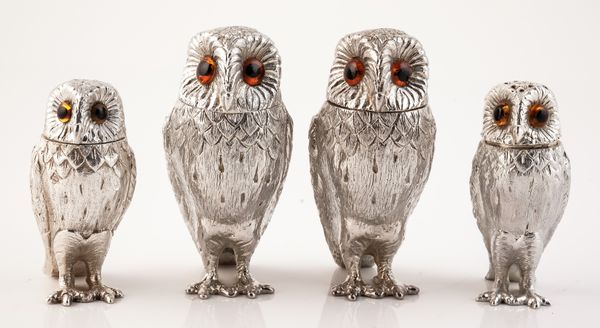 FOUR SILVER CONDIMENTS DESIGNED AS OWLS (4)