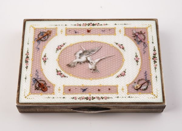 A SILVER AND ENAMELLED RECTANGULAR HINGED BOX