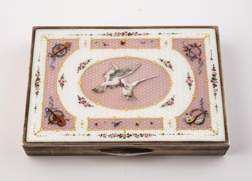 A SILVER AND ENAMELLED RECTANGULAR HINGED BOX