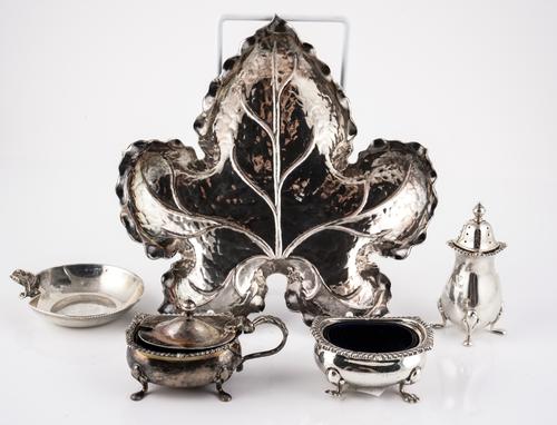 THREE SILVER CONDIMENTS AND TWO FOREIGN DISHES (5)