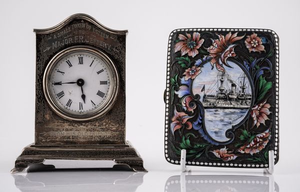 A SILVER MOUNTED TIMEPIECE AND A RUSSIAN CLOISONNÉ ENAMEL CIGARETTE CASE  (2)