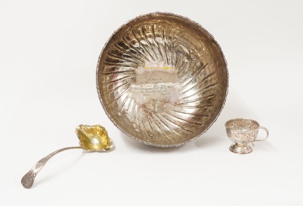 A LARGE SILVER PLATED PUNCH BOWL, A PLATED LADLE AND A PLATED PUNCH CUP (3)