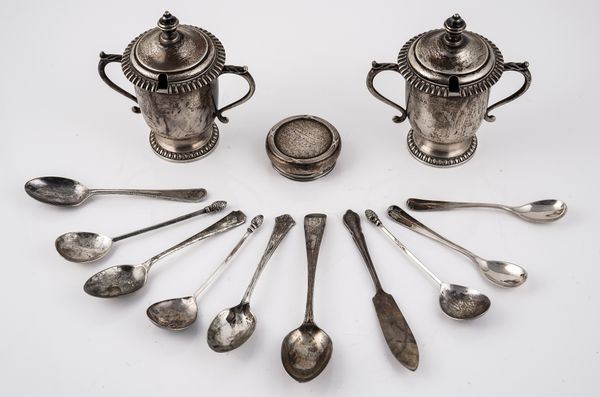 TWO SILVER TWIN HANDLED CUPS AND COVERS AND ELEVEN FURTHER ITEMS OF SILVER (13)