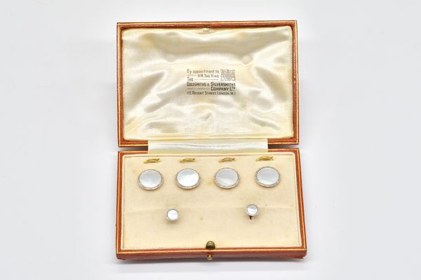 A GOLD, PLATINUM AND MOTHER-OF-PEARL DRESS STUD AND BUTTON SET