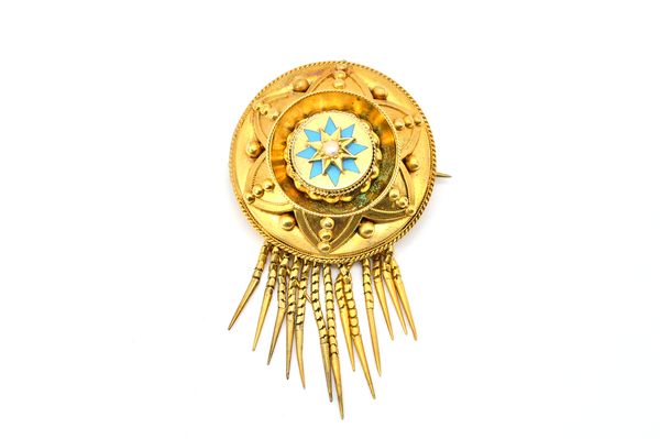 A VICTORIAN GOLD, PALE BLUE ENAMELLED AND HALF PEARL SET BROOCH