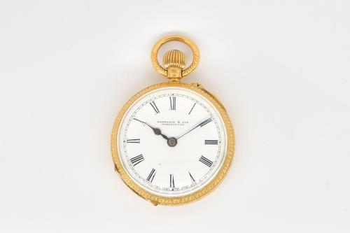 AN 18CT GOLD CASED, KEYLESS WIND OPENFACED LADY'S FOB WATCH