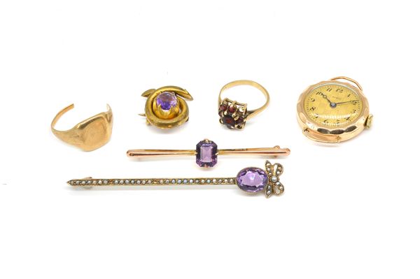 A BUREN 9CT GOLD CIRCULAR CASED LADY'S WRISTWATCH AND FIVE ITEMS OF JEWELLERY (6)