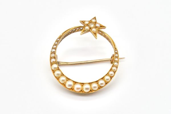 A GOLD, DIAMOND AND SEED PEARL BROOCH