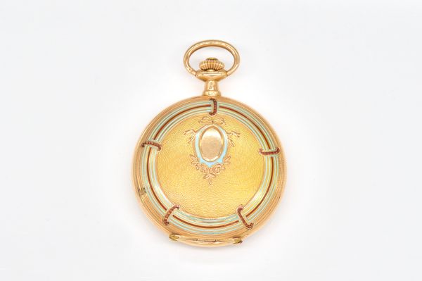 A GOLD AND ENAMEL CORNEILLE KEYLESS WIND FOB WATCH